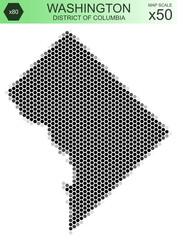 Obraz premium Dotted map of the District of Columbia Washington in the USA, from hexagons, on a scale of 50x50 elements. With rough edges from a grayscale gradient on a white background.