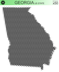 Obraz premium Dotted map of the state of Georgia in the USA, from hexagons, on a scale of 50x50 elements. With rough edges from a grayscale gradient on a white background.