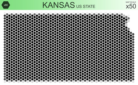 Dotted map of the state of Kansas in the USA, from hexagons, on a scale of 50x50 elements. With rough edges from a grayscale gradient on a white background.