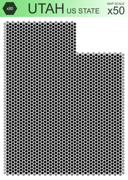 Dotted map of the state of Utah in the USA, from hexagons, on a scale of 50x50 elements. With rough edges from a grayscale gradient on a white background.
