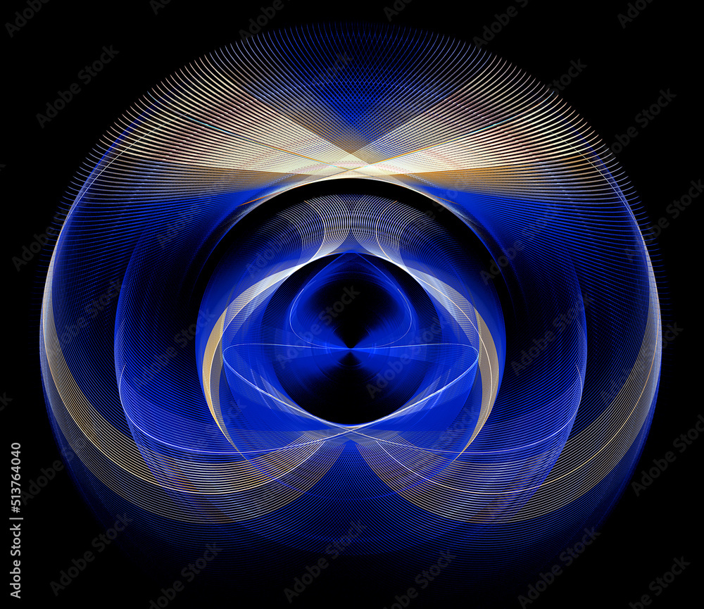 Poster round blue striped symmetrical pattern with light inserts. abstract pattern on a black background. a