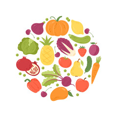 Vector background of hand drawn colorful doodle fruits, vegetables and berries in a circle. Healthy lifestyle illustration in cartoon sketch style. Icons with pear, lemon, cucumber, tomato, pineapple