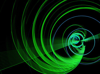 Green and blue striped spirals diverge on a black background. Abstract fractal background. 3d rendering. 3d illustration.