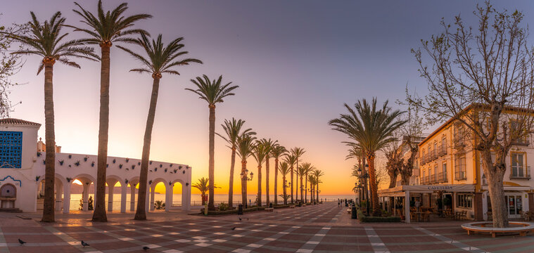 View of Plaza Balcon De Europa at sunrise in Nerja, Costa del Sol, Malaga Province, Andalusia