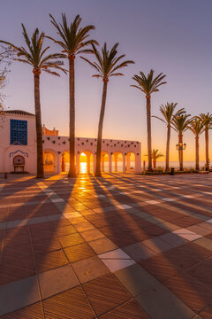 View of Plaza Balcon De Europa at sunrise in Nerja, Costa del Sol, Malaga Province, Andalusia