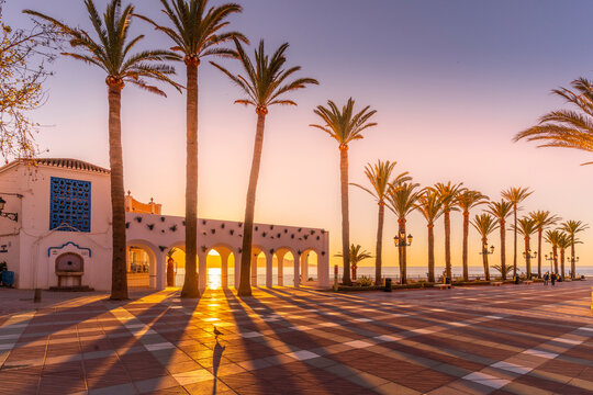 View of Plaza Balcon De Europa at sunrise in Nerja, Costa del Sol, Malaga Province, Andalusia