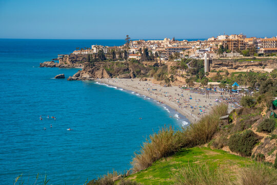 View of Playa de Burriana Beach, town and Mediterranean Sea, Nerja, Costa del Sol, Malaga Province, Andalusia