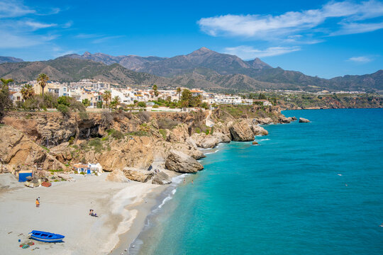 View of Playa de Calahonda beach and coastline in Nerja, Costa del Sol, Malaga Province, Andalusia