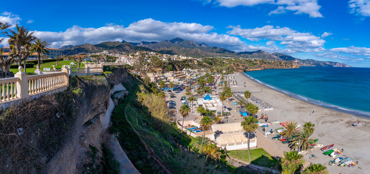 View of Playa de Burriana Beach and Mediterranean Sea, Nerja, Costa del Sol, Malaga Province, Andalusia