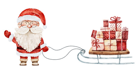 Watercolor Santa Claus and pile of gift boxes on sleigh isolated on white background. Festive clip art for design, print or Christmas invitations.