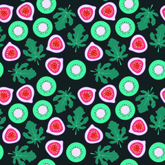 Seamless fig kiwi pattern. Tropical vector illustration. Exotic fruit slices and green leaves. Sweet botanical print for wrapping paper, food package, menu design, wallpaper, fabric. Hand drawn doodle