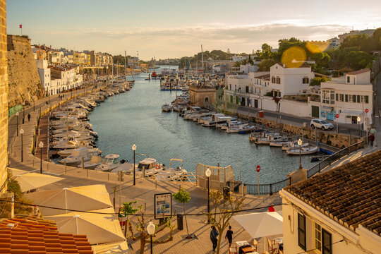 View of marina at golden hour from elevated position, Ciutadella, Menorca, Balearic Islands