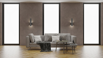 Illustration 3D rendering large luxury modern bright interiors Living room mockup computer digitally generated image
