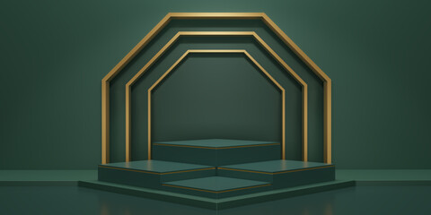 3D render dark green cube podium with gold line texture in green background. Blank display or clean room for showing products. Minimalist mockup for the podium with copy space for texts. 3D rendering.