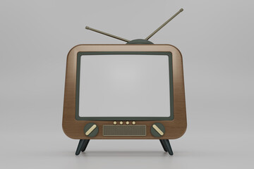 3D render brown wooden Vintage Television Cartoon style isolate on white background. Minimal Retro TV. Vintage wood analog TV.  Old TV set with an antenna. 3d rendering illustration.