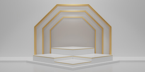 3D render white cube podium with gold line texture in white background. The blank display or clean room for showing products. Minimalist mockup for the podium with copy space for texts. 3D rendering.