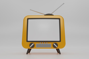 3D render yellow Vintage Television Cartoon style isolate on white background. Minimal Retro TV. Yellow analog TV with copy space.  Old TV set with antenna. 3d rendering illustration.