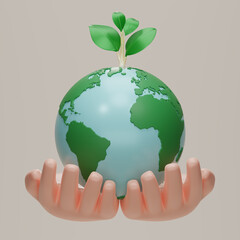Two Hands hold planet earth and plant icon. Earth day symbol. Globe with sapling, Eco Save the world, Clean environment, Sustainability or environmental protection concept. 3d rendering illustration.