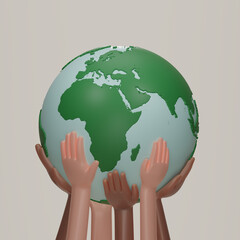 A Group of multicultural human hands holding and taking care of planet earth isolated on white background. International Peace, World environment day. 3D render illustration.