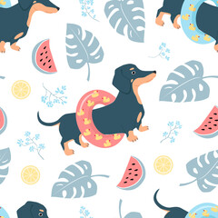 Fototapeta premium Seamless vector pattern of dog dachshunds, monstera leaves, watermelons, lemons, flowers. For fabrics, wrapping paper, wallpapers.