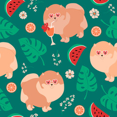 Seamless vector pattern of dog pomeranians, monstera leaves, watermelons, grapefruits, flowers. For fabrics, wrapping paper, wallpapers.