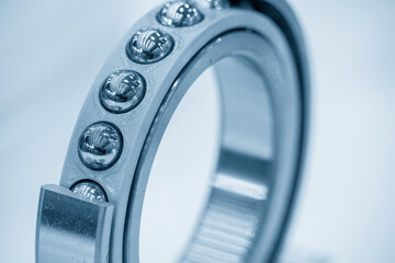 Close up scene of cut away the rolling ball bearing.