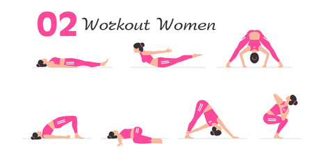 Women workout set. Women Fitness Aerobic and Exercises. Women doing fitness and yoga exercises. Flat style