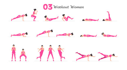 Women workout set. Women Fitness Aerobic and Exercises. Women doing fitness and yoga exercises. Flat style