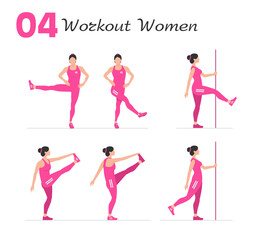 Women workout set. Women Fitness Aerobic and Exercises. Women doing fitness and yoga exercises. Flat style