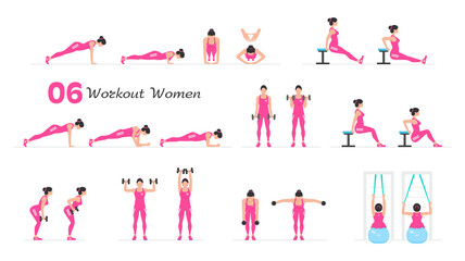 Fototapeta na wymiar Women workout set. Women Fitness Aerobic and Exercises. Women doing fitness and yoga exercises. Flat style