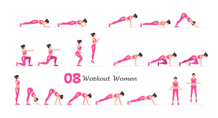 Women workout set. Women Fitness Aerobic and Exercises. Women doing fitness and yoga exercises. Flat style