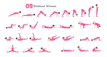 Women workout set. Women Fitness Aerobic and Exercises. Women doing fitness and yoga exercises. Flat style