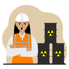 A female specialist next to black barrels with an image warning about the toxicity of waste. Radiation.