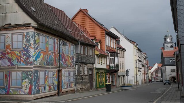 Steadycam: Medieval Town Bleichereode in Germany. Old city streets.