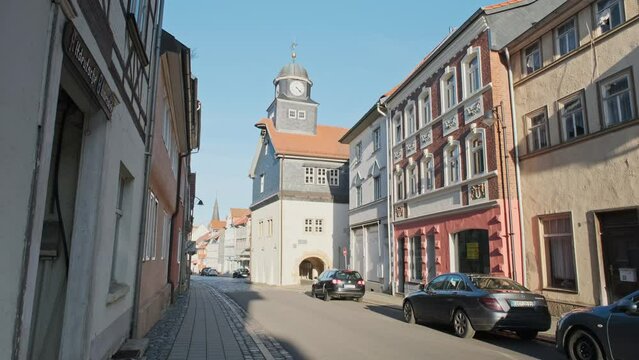 Steadycam: Medieval Town Bleichereode in Germany. Old city streets.