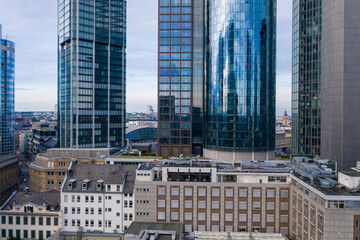 Financial center in the downtown with the skyscrapers in Frankfurt am Main in Hessen Germany