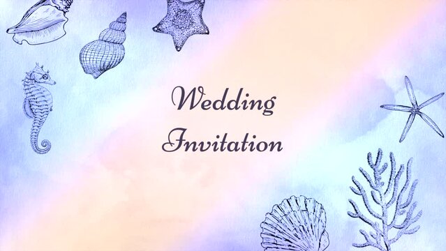 Wedding Invitation with marine animal on beach, motion holidays, romantic and wedding style background