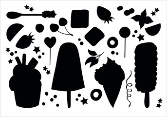 Set of ice cream silhouettes, black elements on a white background. Clipart for design.
