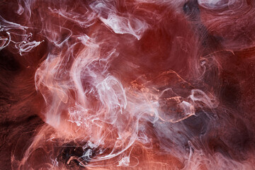 Multicolor pink smoke on black ink background, colorful fog, abstract swirling touch ocean sea,...