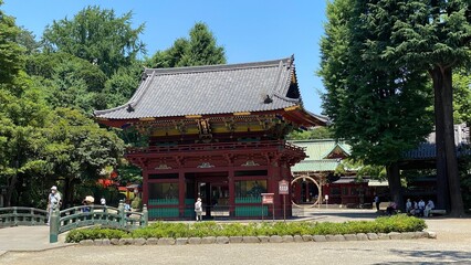 The “Shinkyo” bridge that leads to the two story gate of “Nezu” shrine, the honorable historic landmark on its purification ceremonial month, year 2022 June 28th