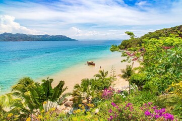 Outrigger boat seen through vegetation on the beach at Nosy Komba, North West Madagascar, Indian Ocean