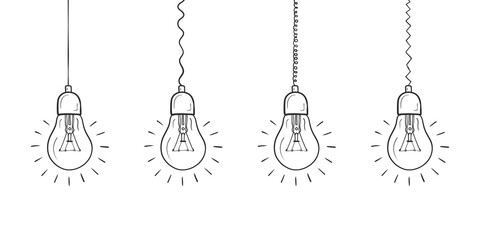 Fototapeta na wymiar Light bulb sketch. Electric light, energy concept. Light bulbs with different wires. Vector illustration