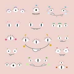set of cute and funny cartoon monster faces and eyes vector illustration