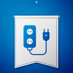Blue Electric extension cord icon isolated on blue background. Power plug socket. White pennant template. Vector