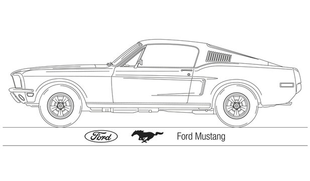 USA, year 2022, Ford Mustang vintage classic car, illustration