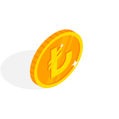Isometric gold coin icon with Lira sign. 3d Cash, Turkey Lira currency, Game coin, banking or casino money symbol for web, apps, design. TRY currency, TL exchange icon vector illustration.