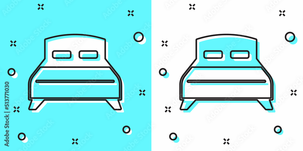 Poster black line big bed for two or one person icon isolated on green and white background. random dynamic