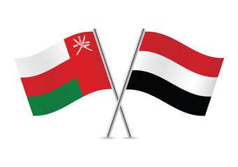 Oman and Yemen crossed flags. Omani and Yemeni flags on white background. Vector icon set. Vector illustration.