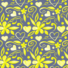Watercolor abstract floral stylish seamless pattern. Summer and spring ornament for fashion, fabrics, textiles. Yellow flowers and hearts with doodles.