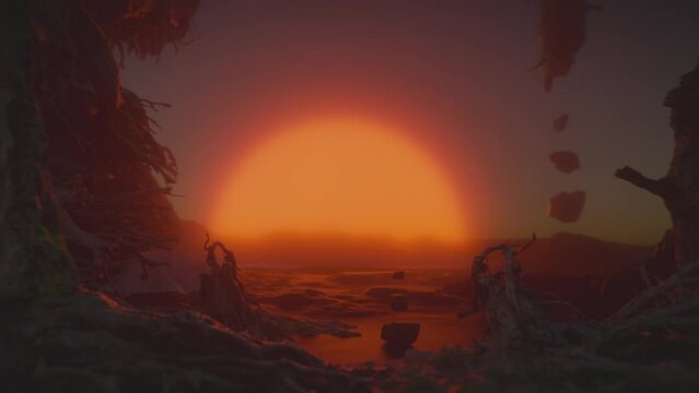 Fantasy alien planet landscape sunset with big sky on the horizon.